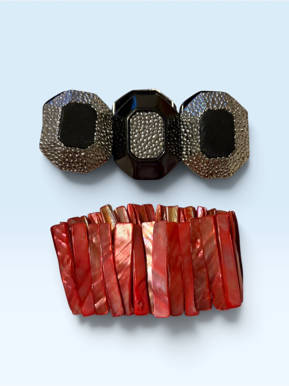 Red Mother-of-Pearl Stretch Bracelet with Black Accent